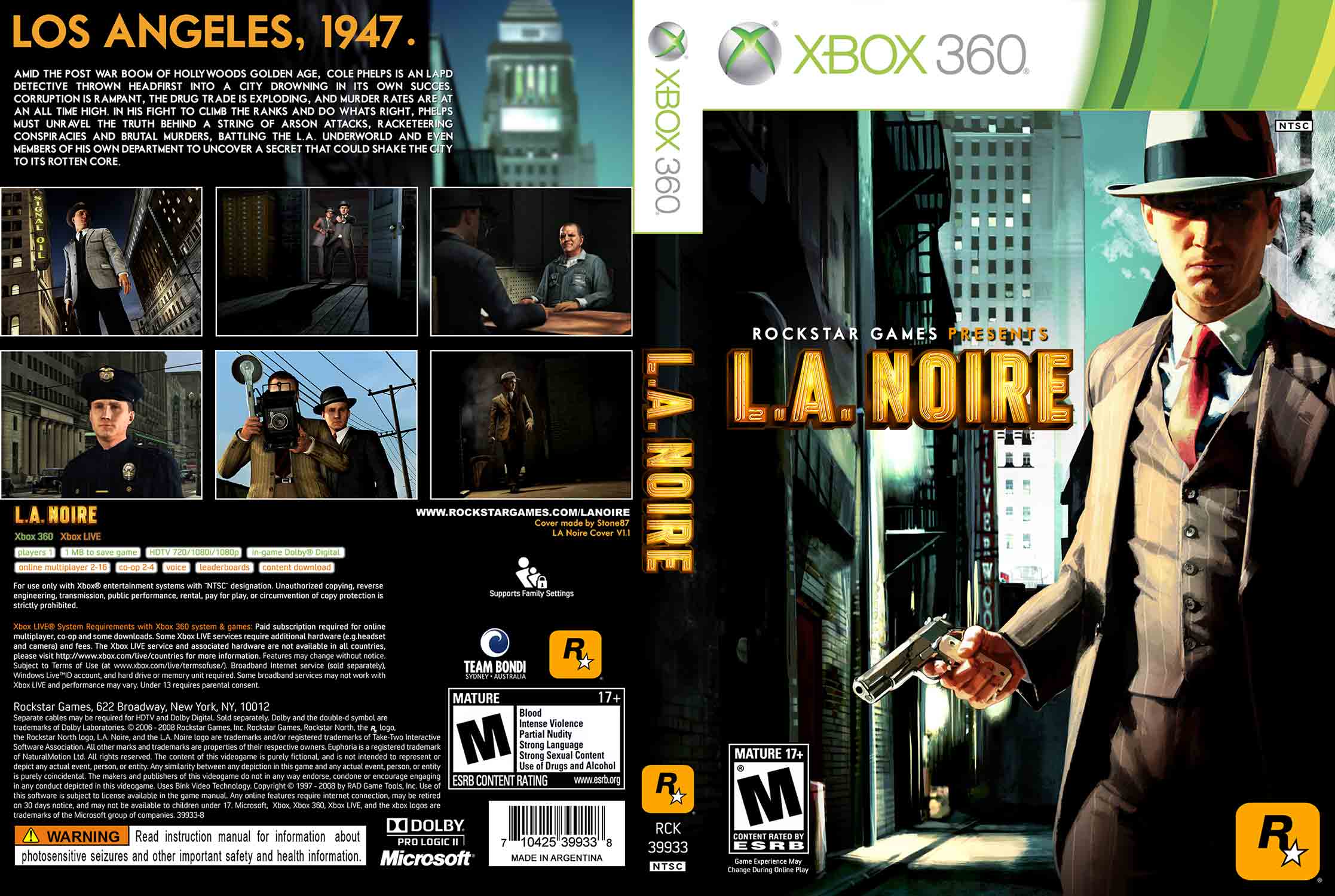 L.A. Noire pro XBOX 360 - zadní strana obalu s popisem hry