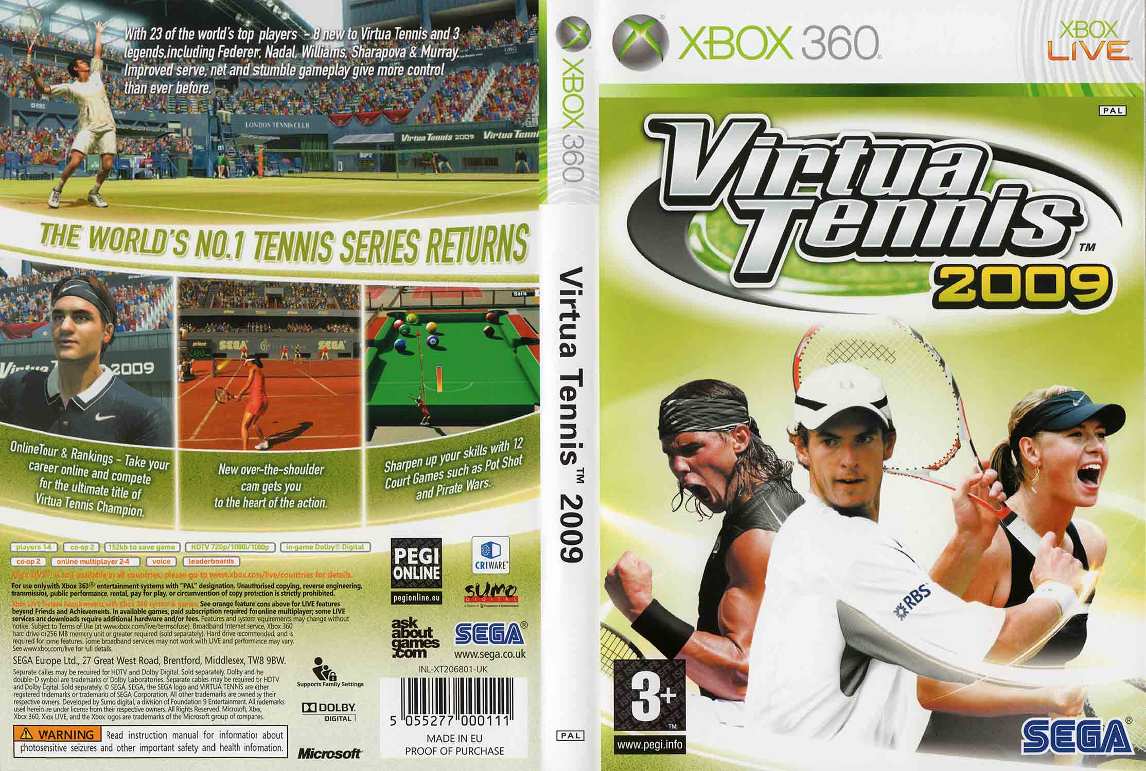 Virtua Tennis 2009 pro XBOX 360 - zadní strana obalu s popisem hry